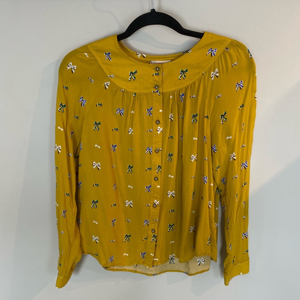 Anthropologie Mustard Yellow Bow Print Button Top